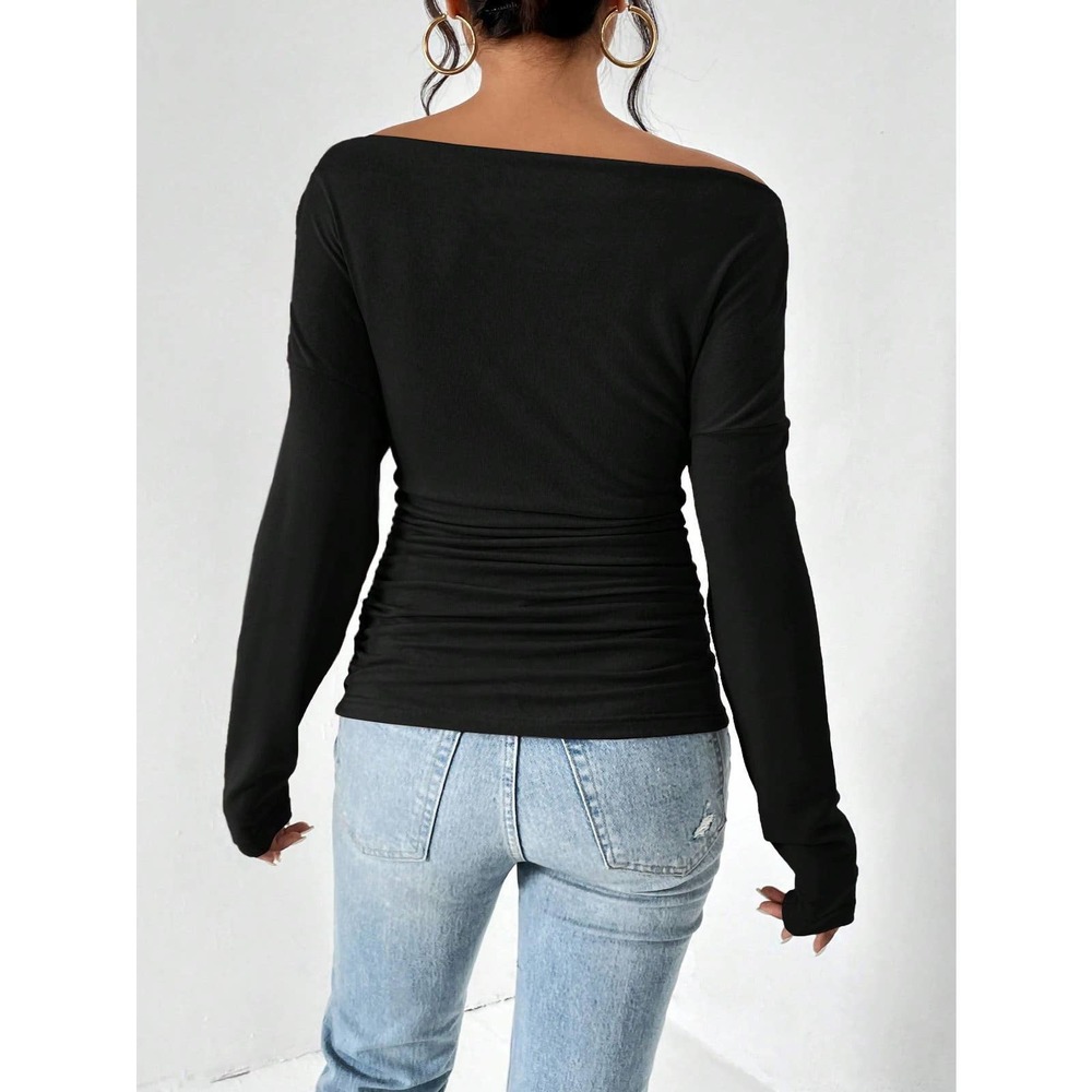 TAN cold shoulder off the shoulder long sleeve Ruched Tee - Picture 4 of 5